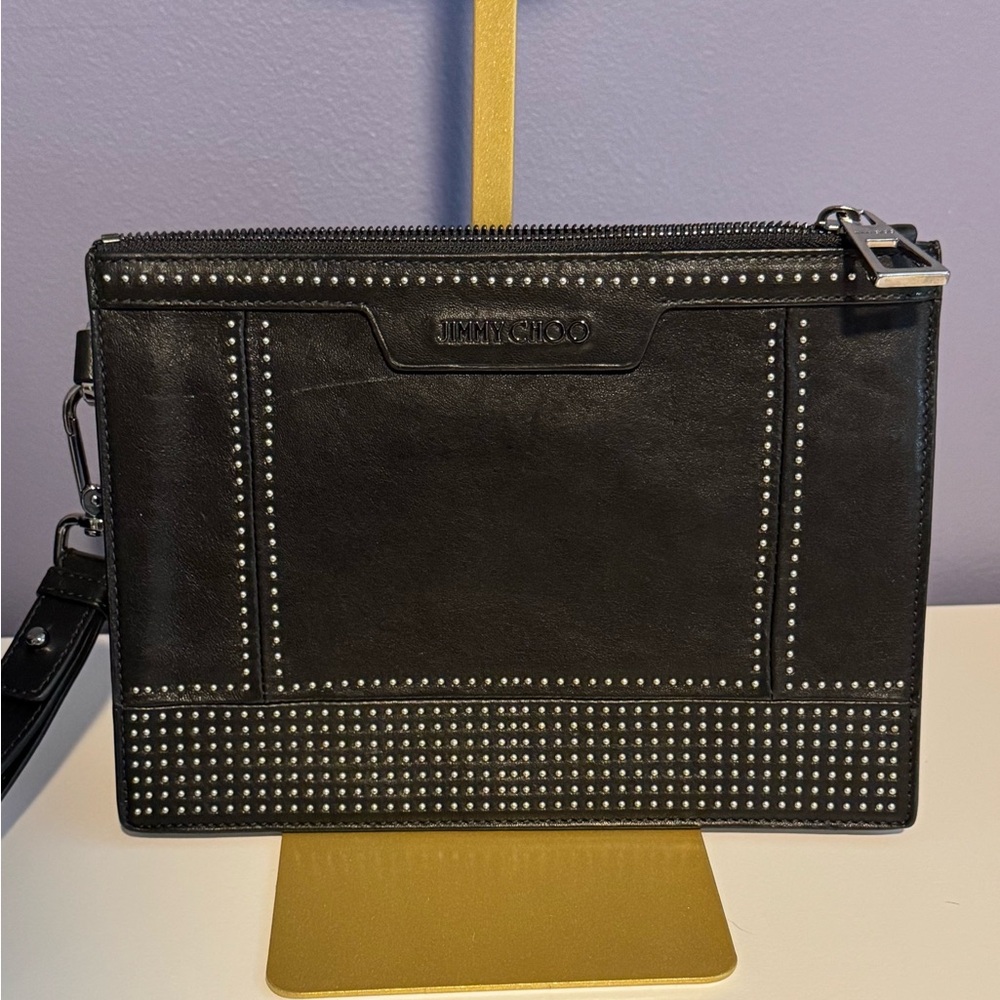 Jimmy Choo Black Leather Studded Clutch